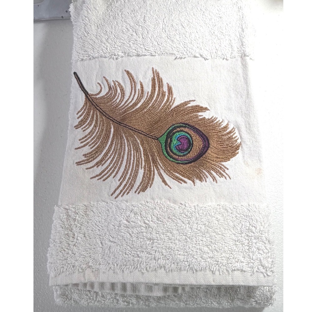 Embroidered Peacock Feather Hand Towel White Terry 17.5" x 33.5" BOHO